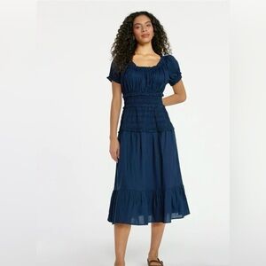 NWT Time and Tru - Women's Navy Puff-Sleeve Smocked Midi Dress